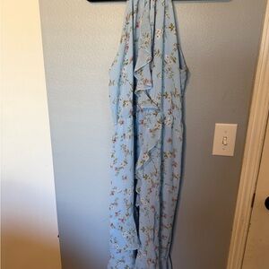 Light Blue Floral Ruffle Halter Sleeveless Dress